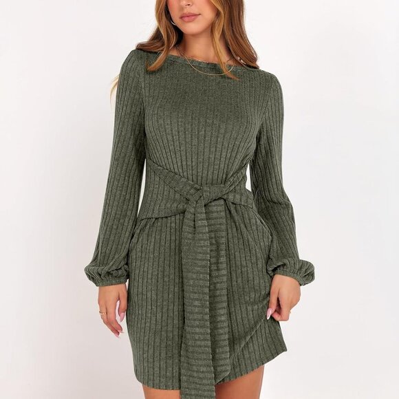 Women's Fall Dress Long Lantern Sleeves Ribbed Knit Tie Waist Mini Casual - Picture 4 of 7